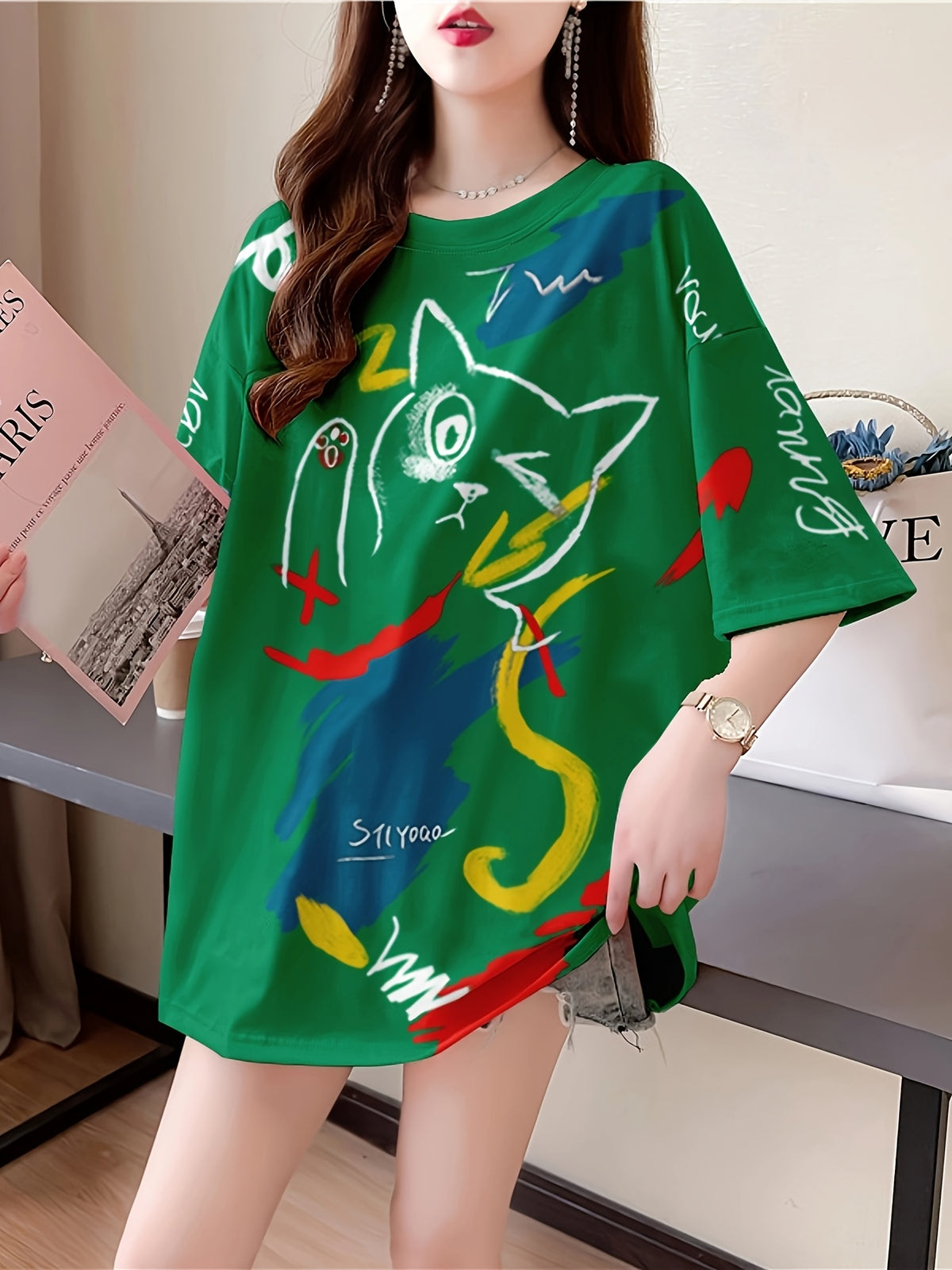 Summer New Fashion Trend Large Size Women'S Slim Loose Medium Long Cartoon Short-Sleeved T-Shirt - K17-G