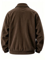AOMDOTB Men's Corduroy Baseball Jacket - Preppy Collar Zipper Jacket with Chest Label Design & Double-Side Pockets, Solid Color Corduroy Outerwear Suitable for Daily Commuting, School, Back-to-School Outfits (for Teen) - Dark Brown