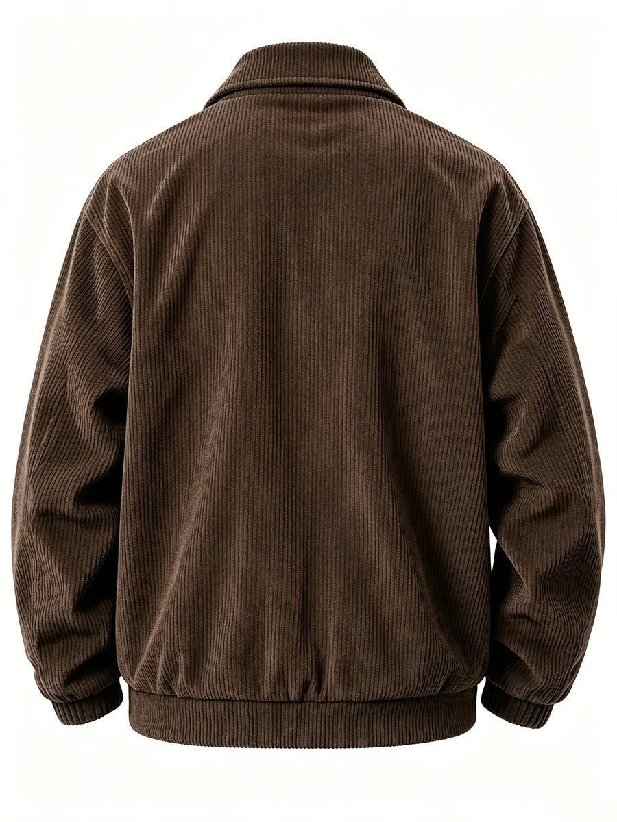 AOMDOTB Men's Corduroy Baseball Jacket - Preppy Collar Zipper Jacket with Chest Label Design & Double-Side Pockets, Solid Color Corduroy Outerwear Suitable for Daily Commuting, School, Back-to-School Outfits (for Teen) - Dark Brown