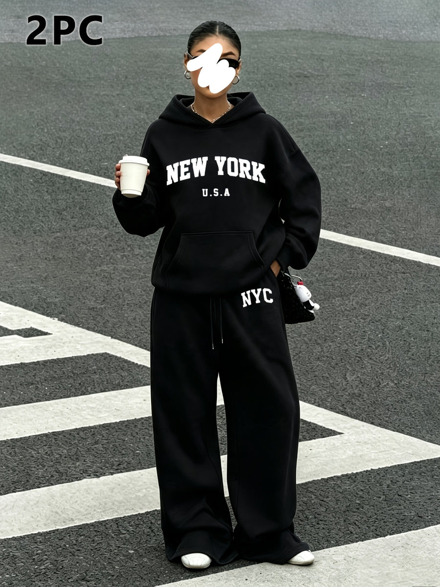 Fashion Women'S Two-Piece Set NEW YORK Pattern Printed Fleece-Lined Autumn Winter Campus Style, Classic Preppy Suit Women'S Trendy Elegant Temperament Sweatshirt And Joggers - Black