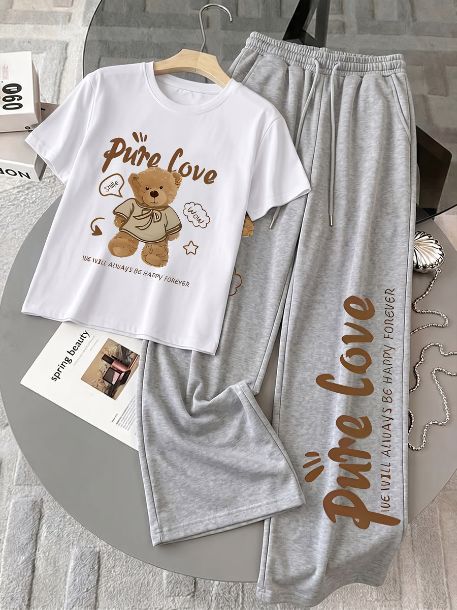 Women's 2-Piece Set: Spring/Summer Fun "Brown Bear" Heart and Letter Print Daily Y Casual T-Shirt with Drawstring Loose Straight-Leg Pants. Soft, Comfortable, Niche Hip-Hop Y2K Versatile Streetwear T-Shirt Set, Suitable for Summer Outings - White+gray