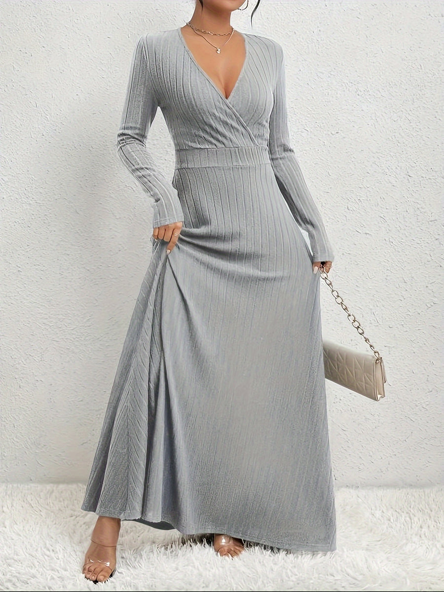 Women's A-Line Dress with Cross Neckline & Sleeves - Soft Stretch Midi Dress for All Seasons, Machine Washable Solid Color Elegant Casual to Formal Wear, Formal Attire, Construction - Grey