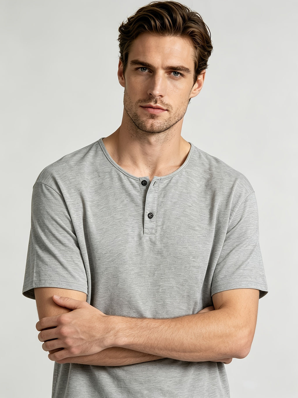 Short Sleeve T-Shirt Henley Collar Half-Open Round Neck Summer New Round Neck Solid Color Men'S Thin Top Athletic Short Sleeve Men'S Loose Plus Size Fitness Slim T-Shirt Henley Button-Up Collar Base Layer Training Trendy - Light Grey