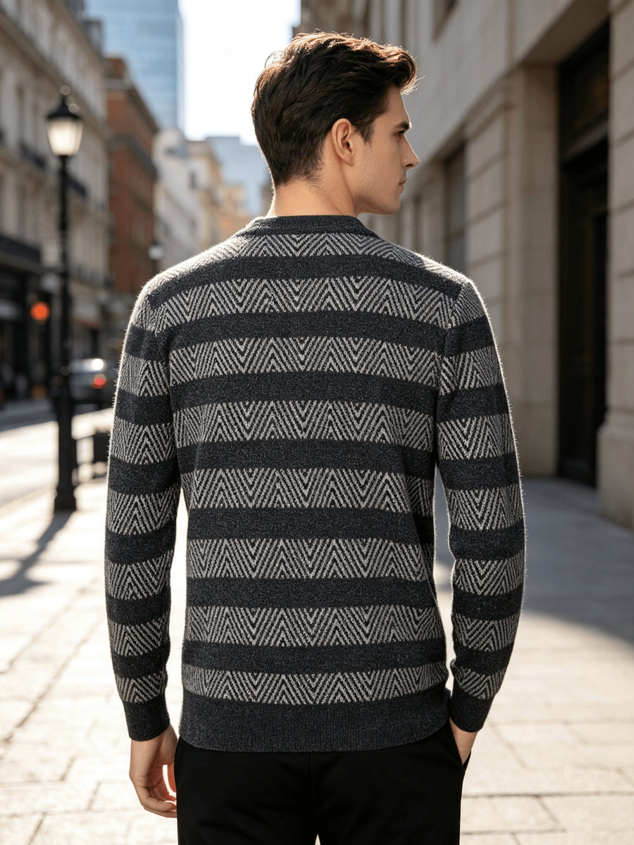 New Fleece Thick Full Body All-In-One Plush Fashion Striped Warm Men'S Top Computer Knit Round Neck Pullover Sweater Winter Warm Comfortable Gift for Husband Family - Grey