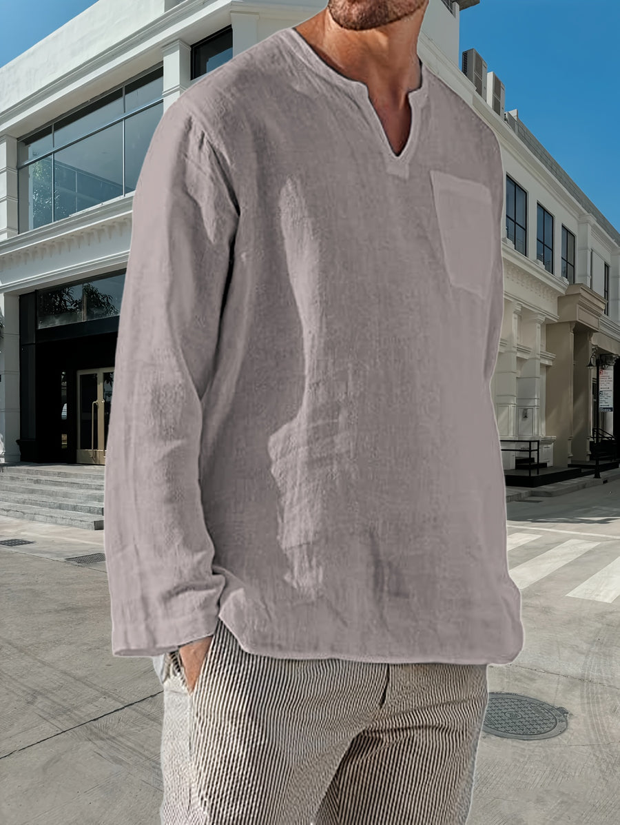 long-sleeved shirt Men's solid color V-neck casual shirt Men's gentle beach Hawaiian pullover breathable comfortable shirt - Light Grey
