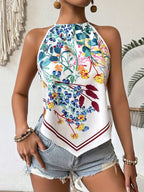 Women's Lightweight 100% Polyester Asymmetrical Halter Neck Top - Vibrant Botanical Print Sleeveless Shirt for Summer Vacation, Beach & Casual Outings - Multicolor