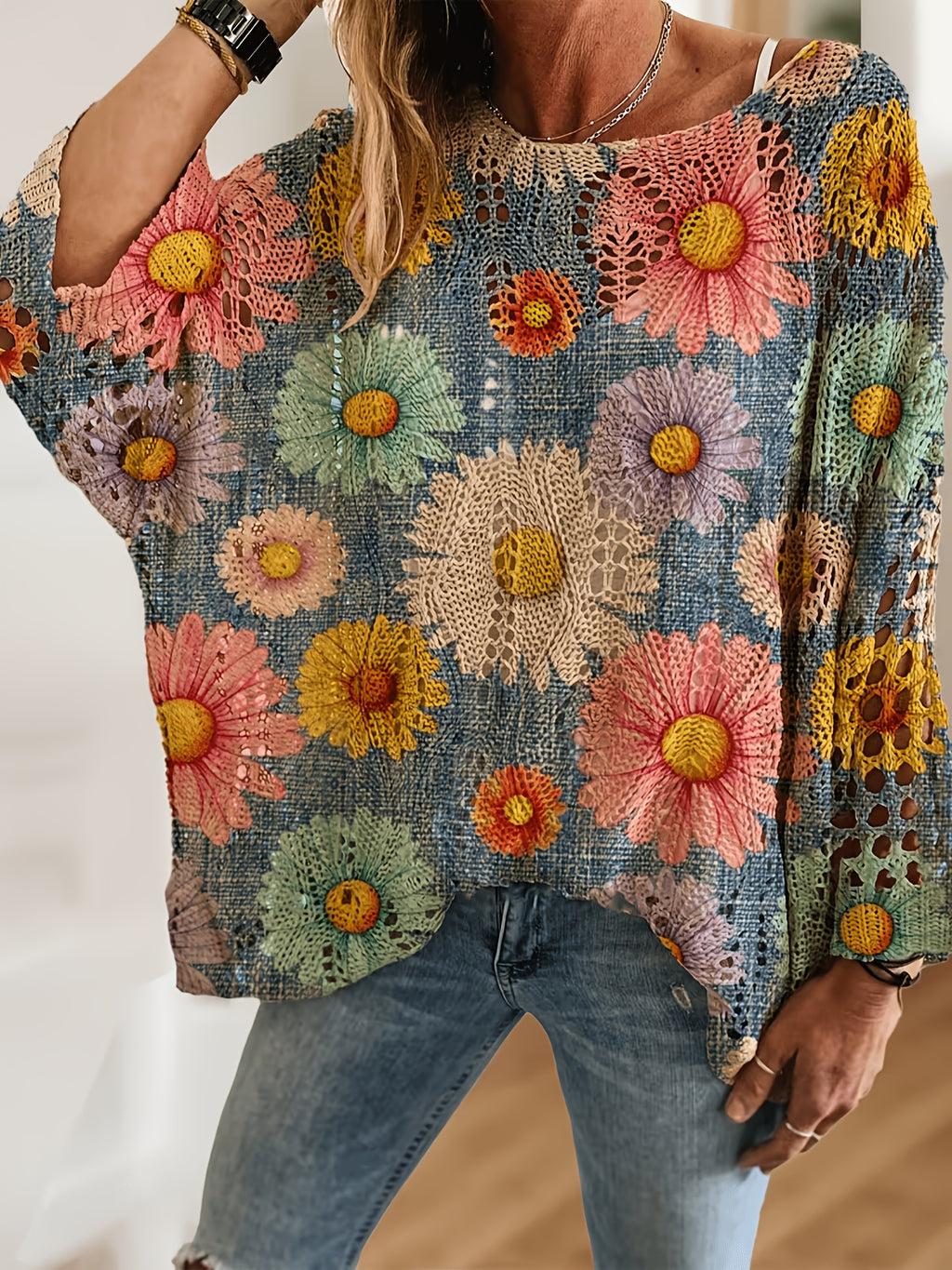 Plus Size, Plus Size Women's Colorful Daisy Print Openwork Top, Daisy Print Sweater, Openwork Loose Pullover, Forest-Style Artistic Knitwear, Casual Lazy Style Long Sleeve T-Shirt, Colorful Floral Print Cover-Up - Navy Color