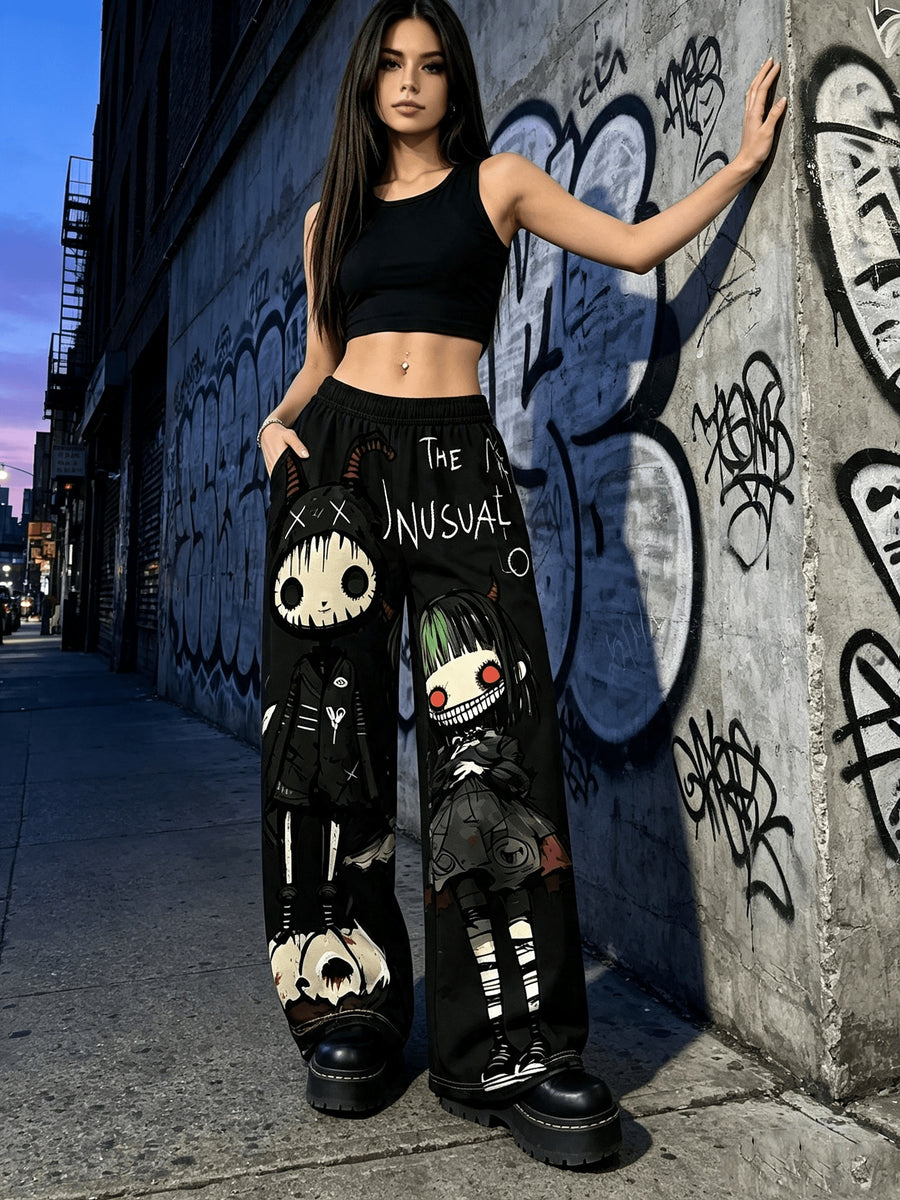 Women'S Digital Print Spring Summer Autumn Retro Horror Doll Cartoon Printed Women'S Trousers, Punk Y2K Subculture Loose Drapey Wide-Leg Pants - Black