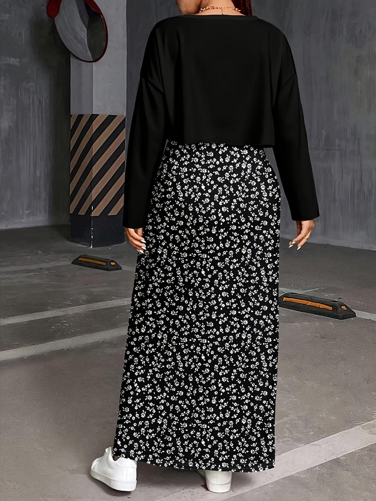 Plus Size, Autumn New Arrival Plus Size Women's Long Sleeve T-Shirt + Printed Camisole Maxi Dress Set, Fashionable 2pcs Outfit for Women - Black