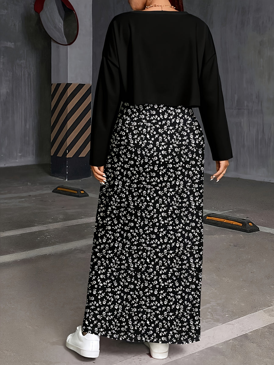 Plus Size, Autumn New Arrival Plus Size Women's Long Sleeve T-Shirt + Printed Camisole Maxi Dress Set, Fashionable 2pcs Outfit for Women - Black