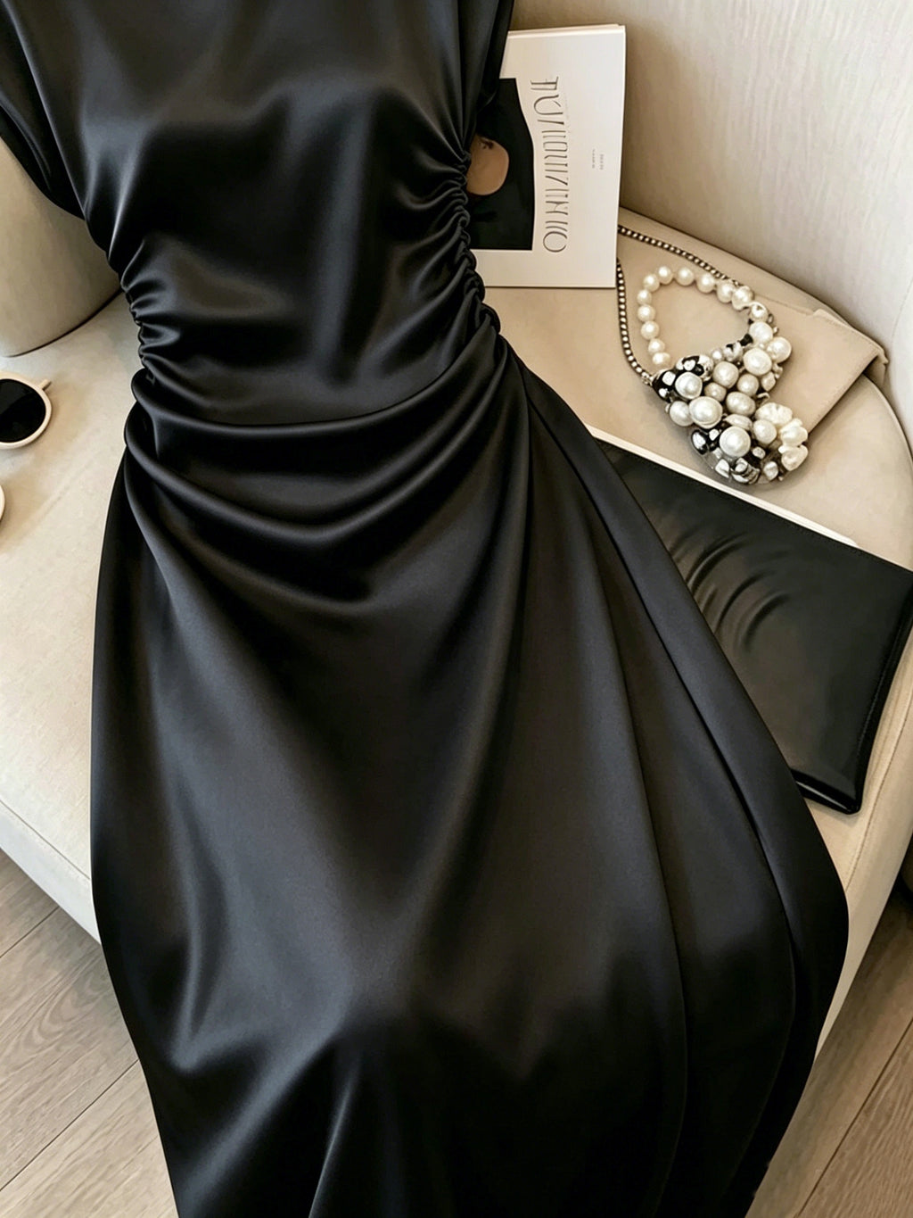 Spring Summer Tie Up Women'S Dress, Women'S White Dress, New Style Waist Women'S Dress, Women'S Elegant Dress, Women'S Satin Glossy Dress, Women'S Holiday Dress, Women'S Casual Outdoor Dress Women'S Elegant Dress - Black