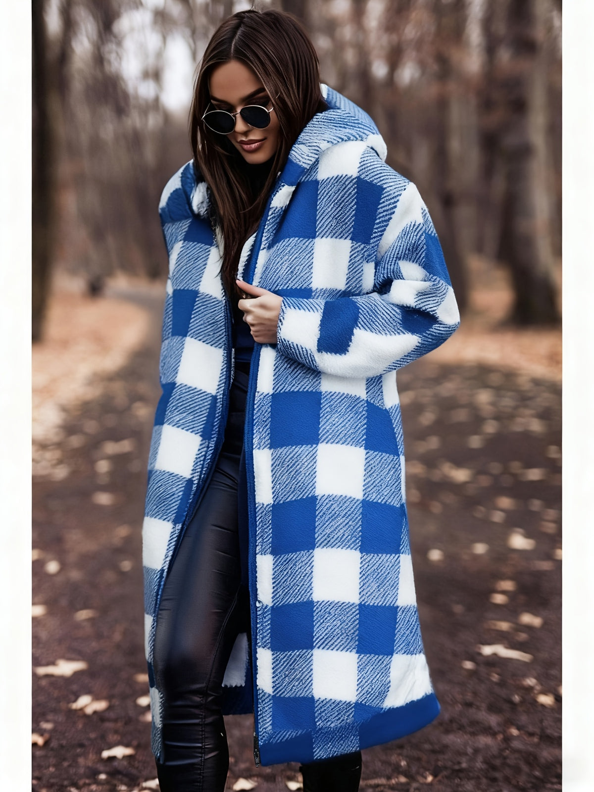 Winter Women's Hooded Cardigan, Two-Tone Plaid, Mid-Length, Thickened Warm Pea Coat - Vibrant Blue