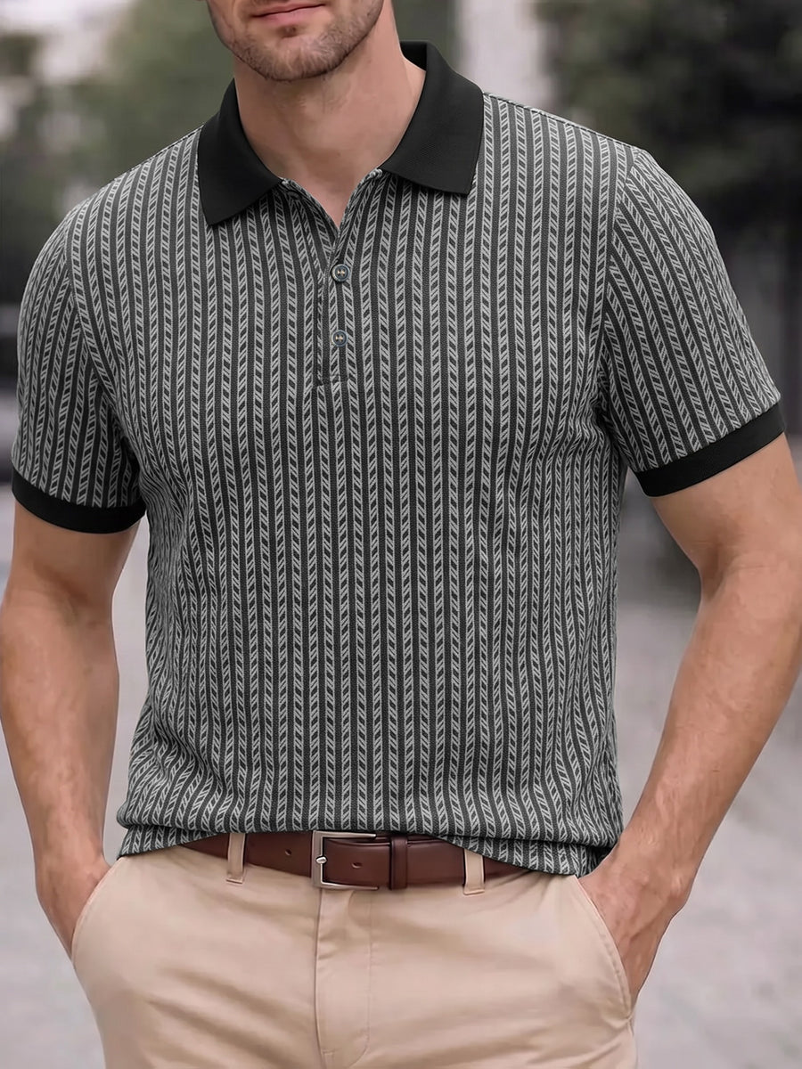 Men's Breathable Short-Sleeve Polo Shirt with Contrast Lapel Collar & Button-Up Collar - Striped Button Placket, Suitable for Casual, Business, Commuting - Machine Washable Summer Top for Daily Wear, Office & -Casual Outfits - Deep Gray