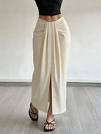 SEPCHIR Women's High-Waist Draped Pleated Skirt - Front Slit Loose-Fit Skirt Suitable for Daily Commute, Vacations, Dates & Parties, Machine Washable Elegant Solid Color Skirt for Spring/Summer, Vacations, Casual Wear - Milky