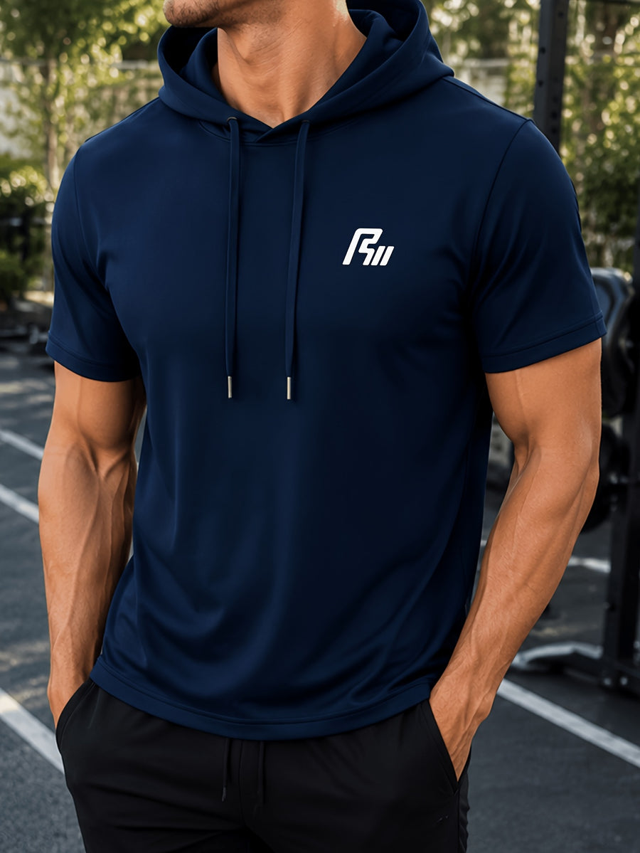 Men'S Summer T-Shirt, Easy Small Logo Print Men'S Hooded Short Sleeve, Soft Comfortable Breathable Versatile Fabric Sports T-Shirt, Loose Slimming Men'S Hoodie Easy Print Top - Navy Color