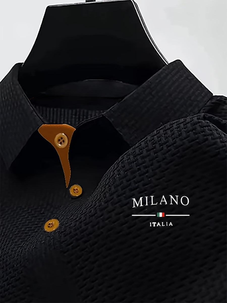 Men's Solid-color Polo Shirt with a Contrasting Button Placket Featuring a Light Business Style Design. The Fabric Is Breathable and Comfortable, Keeping You Cool in Summer. Perfect for Everyday Casual Wear and Outings, Available in Multiple Colors. - Black
