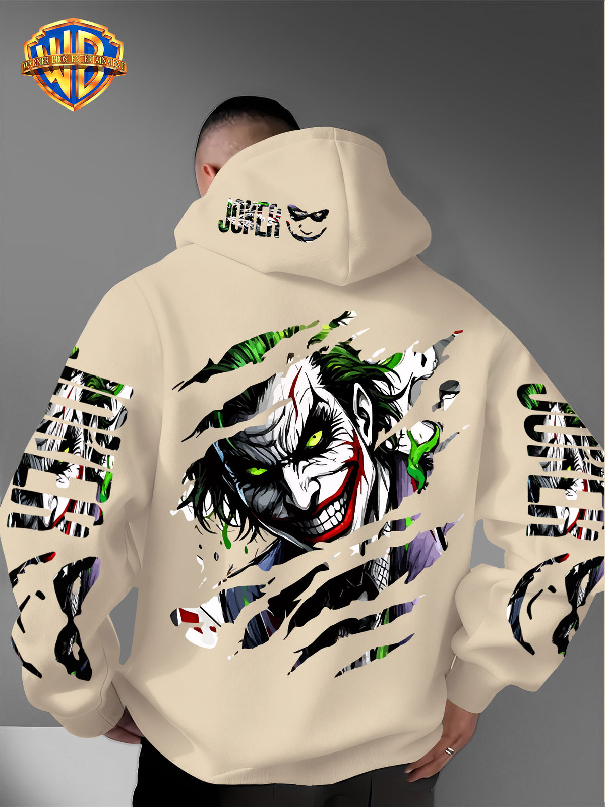 WB Men's Joker Print Hooded - Warner Bros. Official & Iconic Joker Design, Loose Fit Hoodie with Hooded Pullover, Machine Washable Streetwear for Fall/Winter Casual Wear Suitable for Autumn and Winter Warmth - Apricot