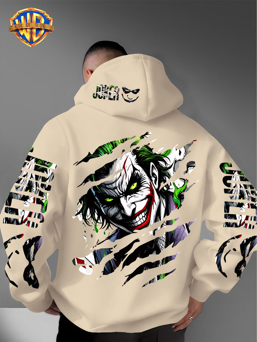 WB Men's Joker Print Hooded - Warner Bros. Official & Iconic Joker Design, Loose Fit Hoodie with Hooded Pullover, Machine Washable Streetwear for Fall/Winter Casual Wear Suitable for Autumn and Winter Warmth - Apricot