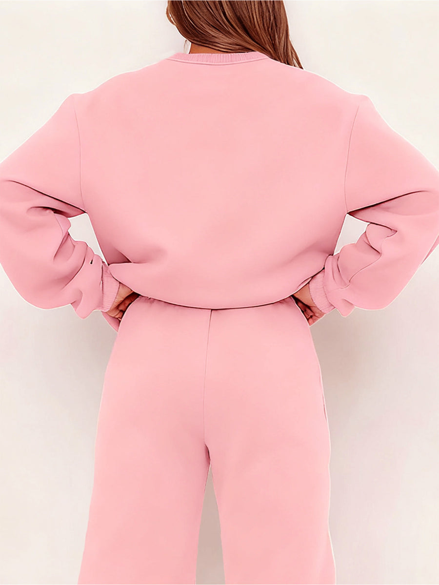 Graphic Print 2pcs Set, Crew Neck Sweatshirt & Pants, Women's Clothing - Pink