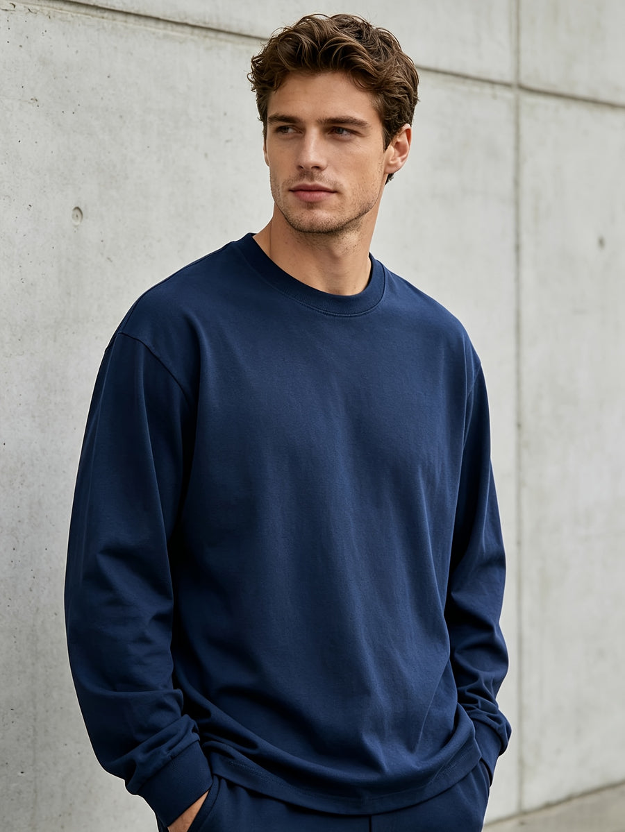 [Villa Joy Water OBM] Men'S Long Sleeve T-Shirt 1pc 100% Pure Round Neck Base Layer Spring Autumn Loose Casual Solid Color Top Skin-Friendly Breathable Sweat-Absorbent Durable Non-Deforming Daily Commute Outdoor All-Match Long Sleeve T-Shirt Can Be - 1Pcs Navy