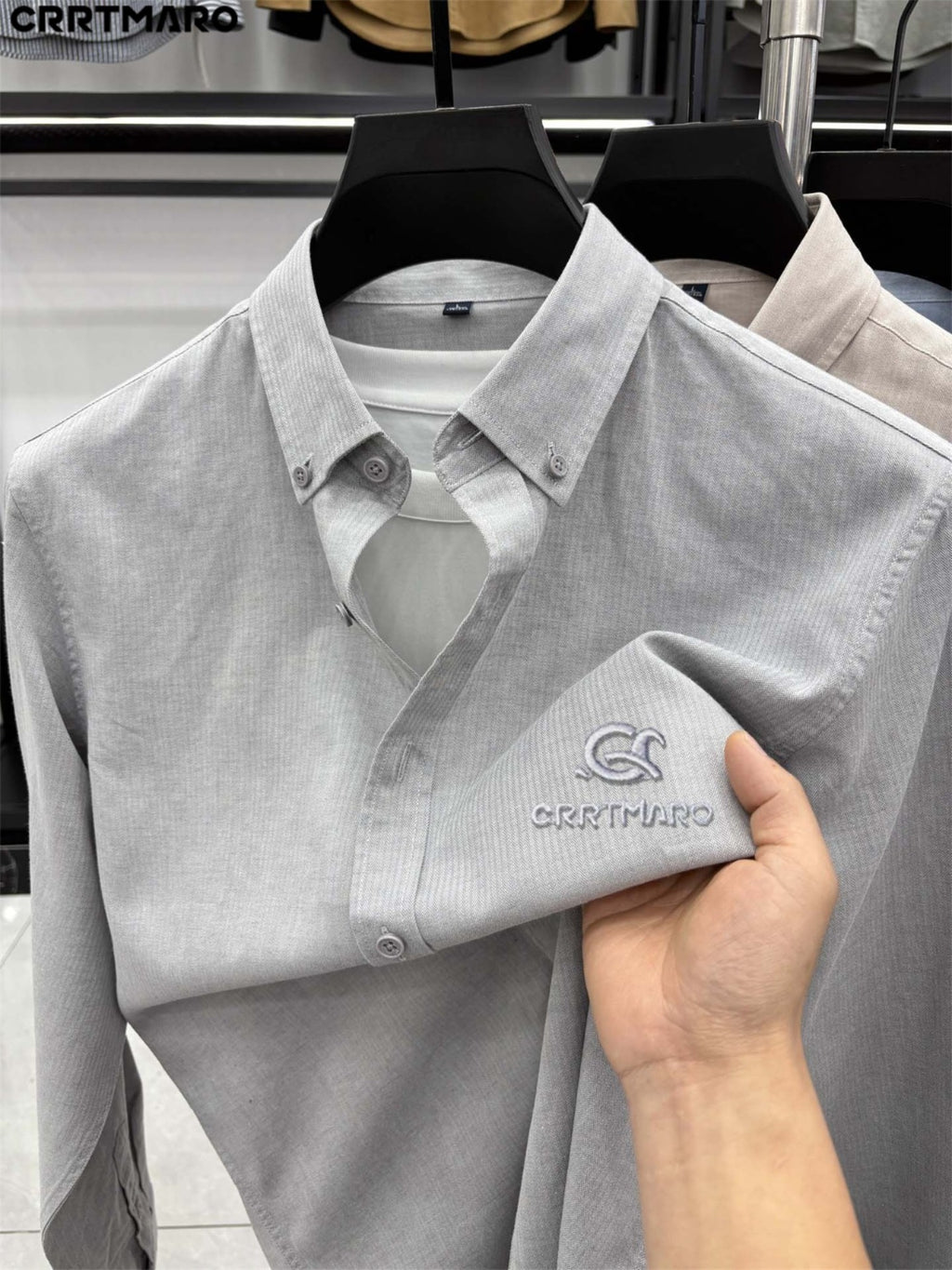 Katemar CRRTMARO Spring/Autumn Men's Business Casual Solid Color Cotton-Blend Long-Sleeve Shirt for Middle-Aged Men, Wrinkle-Resistant and Anti-Wrinkle, Professional, Trendy, and Versatile Dress Shirt NKY - Grey