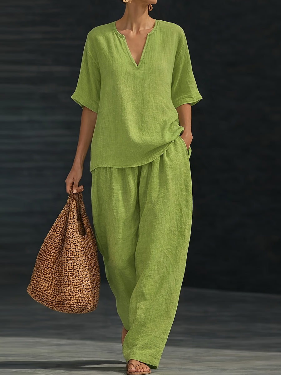 Women's Summer Casual 2pcs Set: Loose V-Neck Top + Wide-Leg Pants - Olive