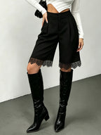 Fashionable New Trendy Versatile Solid Color Women'S Shorts, Lace Trim Pleated Loose Slant Pocket Shorts - Black