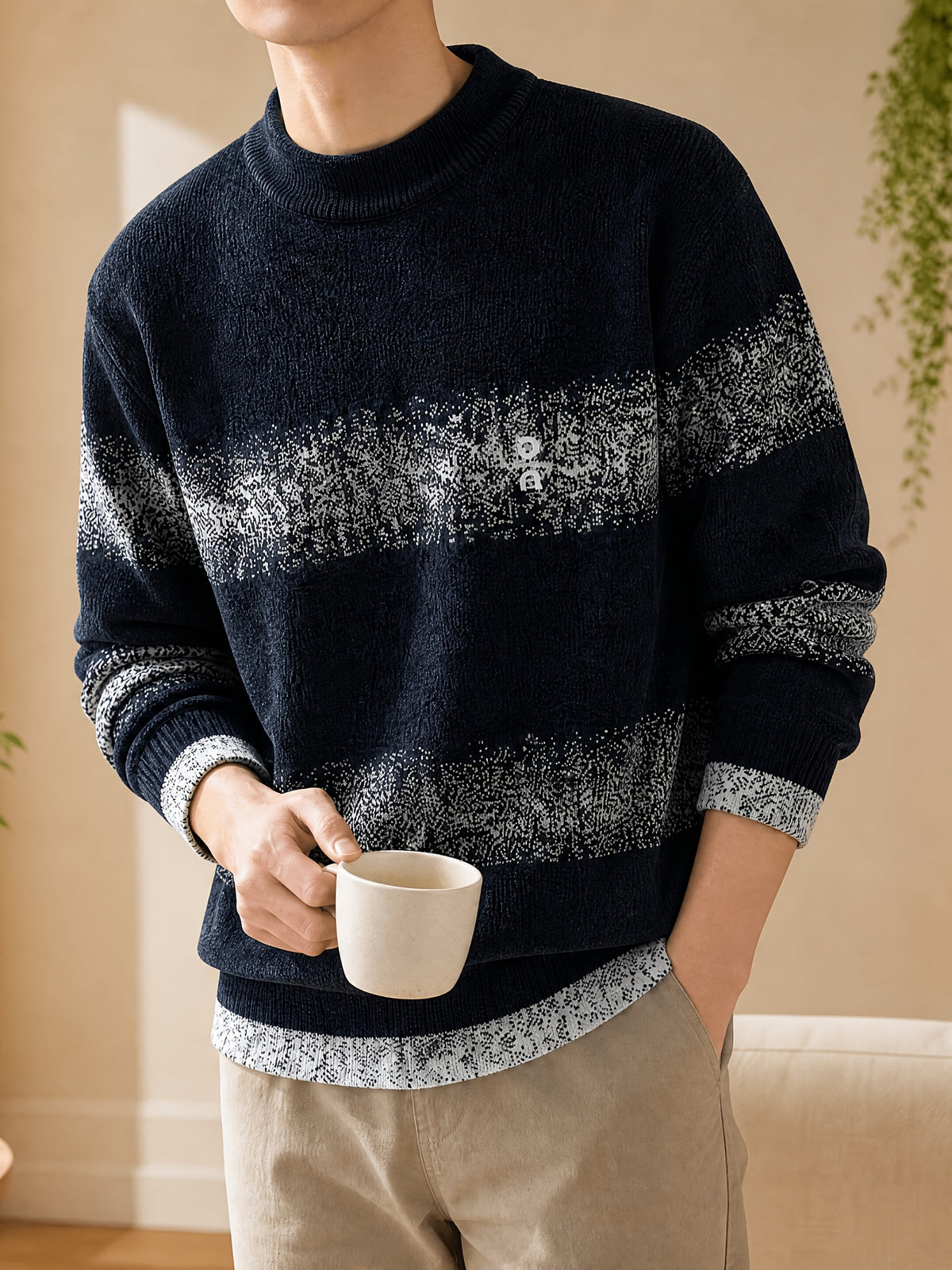 1pc Du Jing Lan OBM Men's Knit Sweater - Old Money Style Color Striped Crew Neck Sweater Suitable for Layering, Business Casual & Outdoor Wear, Warm Winter Pullover for Golf, Basketball, Running, Daily Layering (Regular Fit) - Black