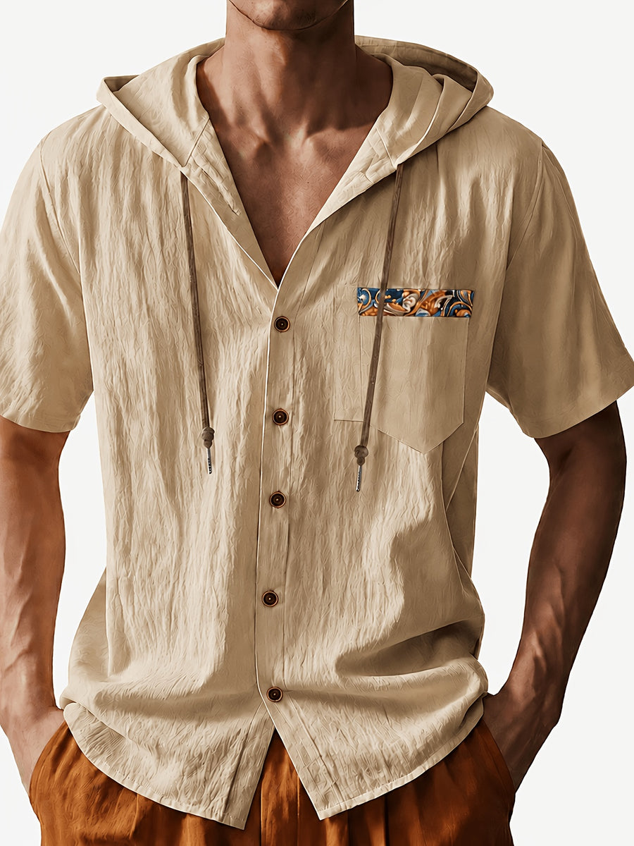 Men's Short Sleeve Hooded Shirt, Casual Button Hoodie Top with Chest Pocket, Lightweight Breathable Summer Shirt for Beach Vacation, Travel, Resort Wear, Outdoor Leisure, Streetwear Style and Daily Casual Outfit - Khaki