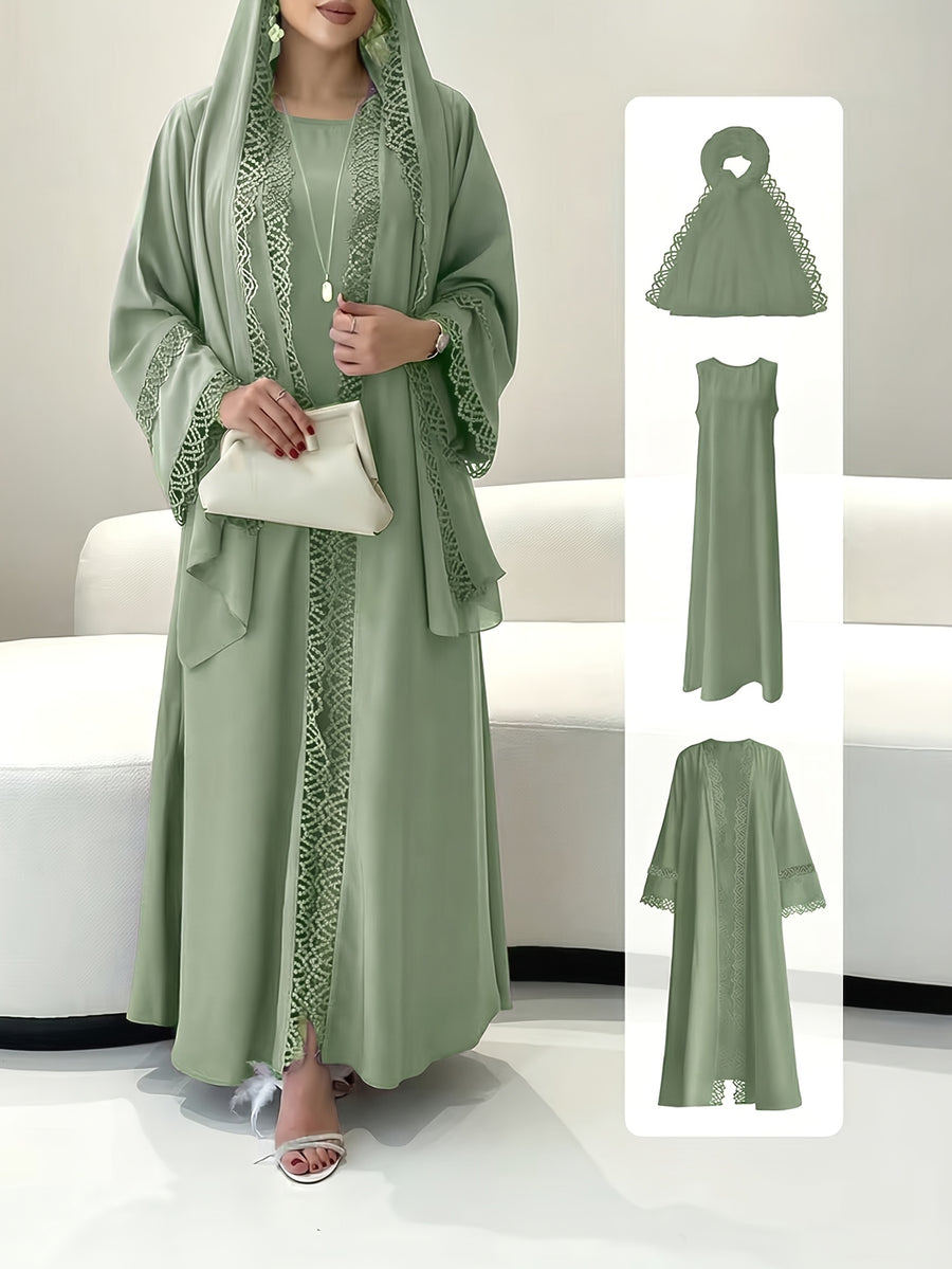 [Size UP for Regular Fit] Women's Spring/Summer Elegant Lace Patchwork Robe Dress 2pcs Set, Women's Elegant Outfit - Olive Green