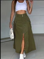 Y2K Spicy Style Army Green High-Waist Cargo Midi Skirt Women'S Front-Slit Multi-Pocket A-Line Skirt Army Green Cargo Skirt High-Waist Button-Front Slit Multi-Pocket Design Midi Skirt - Military Green