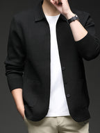 Men'S Lapel Single-Button Knit Cardigan, Spring/Autumn Outerwear, Winter Layering, Long Sleeve, Ribbed Cuffs And Hem - SINBOS - Black