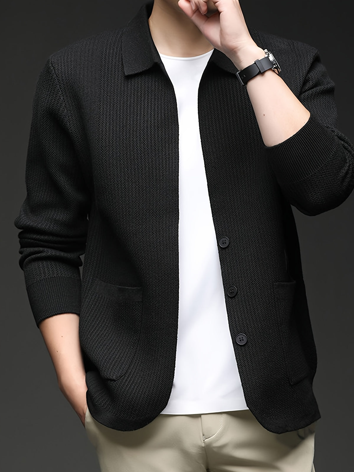 Men'S Lapel Single-Button Knit Cardigan, Spring/Autumn Outerwear, Winter Layering, Long Sleeve, Ribbed Cuffs And Hem - SINBOS - Black