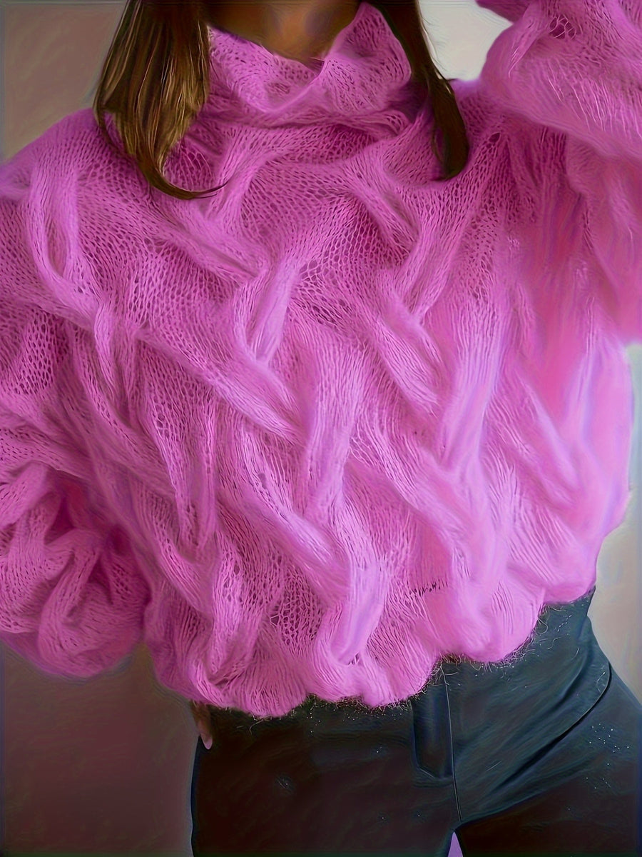 Valentine'S Day Festive Atmosphere Outfit for Women, Featuring a Lightweight, Sheer, Semi-Turtleneck Sweater with a Hollow Design, Perfect for a Relaxed, Soft, And Loose Style for Autumn And Winter - Rose Red