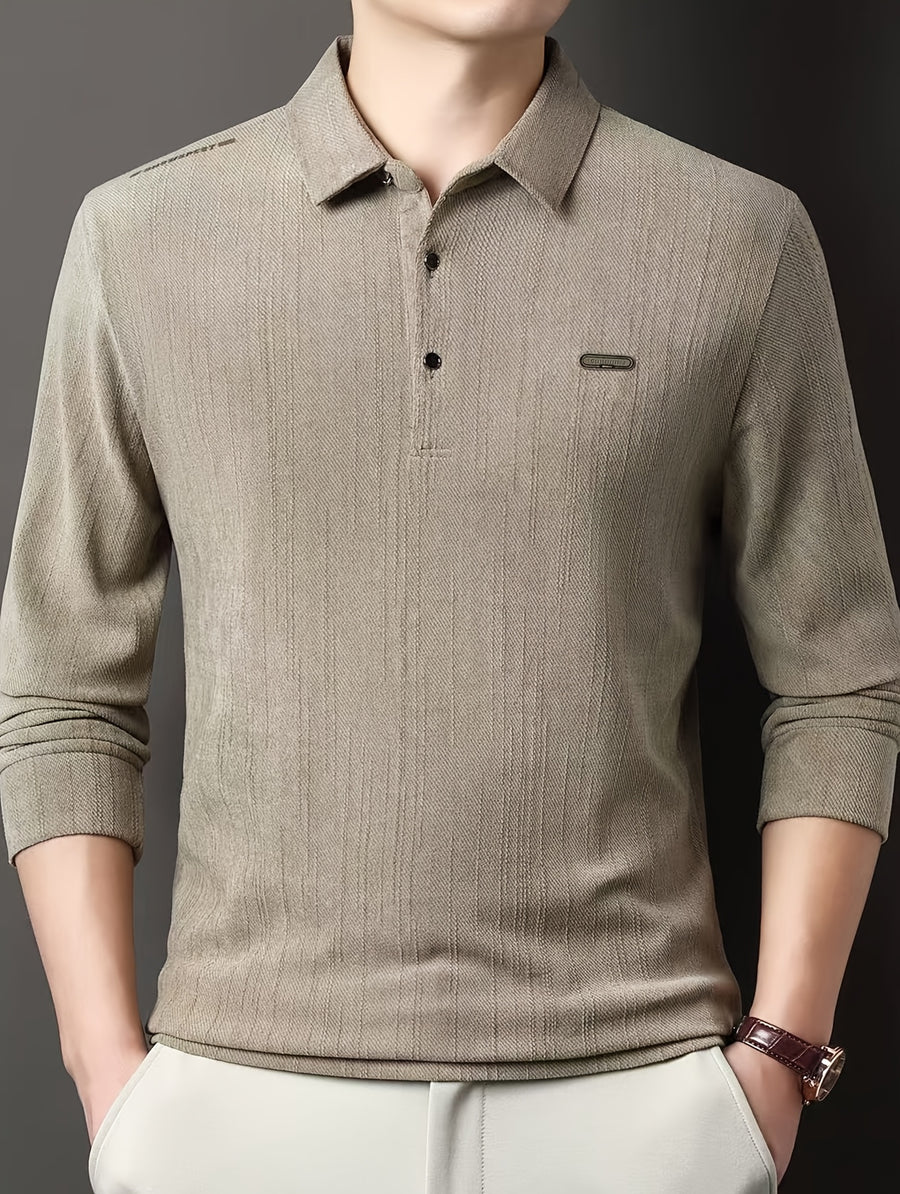 Men's Spring/Autumn Lightweight Knitted Long-Sleeve Polo Shirt with Vertical Stripe Texture, Lapel Collar, Three-Button Placket, Business Casual Versatile Base Layer Top for Middle-Aged Men - Khaki