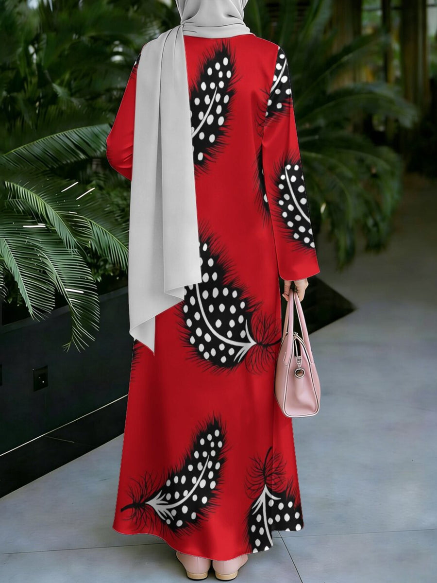 Women's Middle Eastern Style Muslim Elegant Robe, Bright Red  Polka Dot Print Maxi Dress, Loose Straight Cut with Long Sleeves, for Festivals, Prayers, and Gatherings, Wrinkle-Resistant Non-Embroidered Craft, Eye-Catching Conservative Women's Robe - Mixed colors