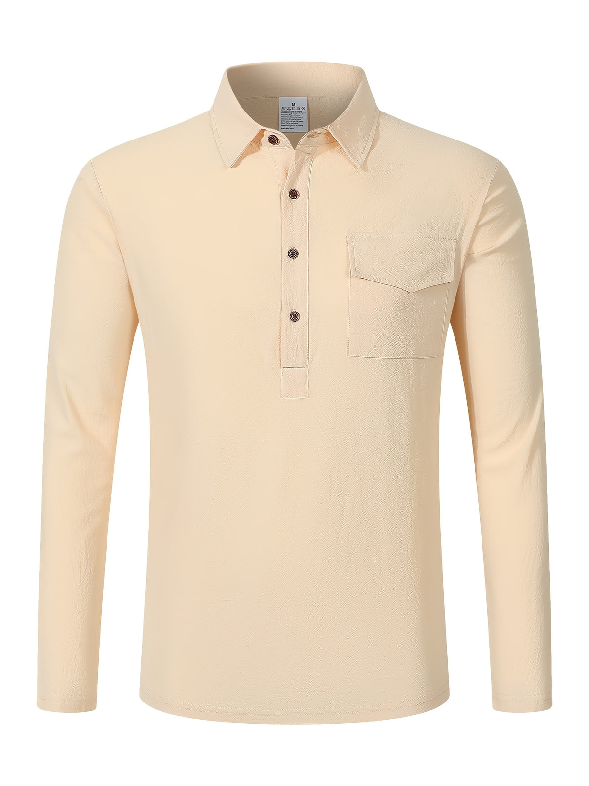 Men'S Pullover Long Sleeve Shirt 2pcs Set, Placket Half-Button Design Linen Shirt, All-Season Casual Commute Vacation Men'S Wear - Apricot + Sky Blue