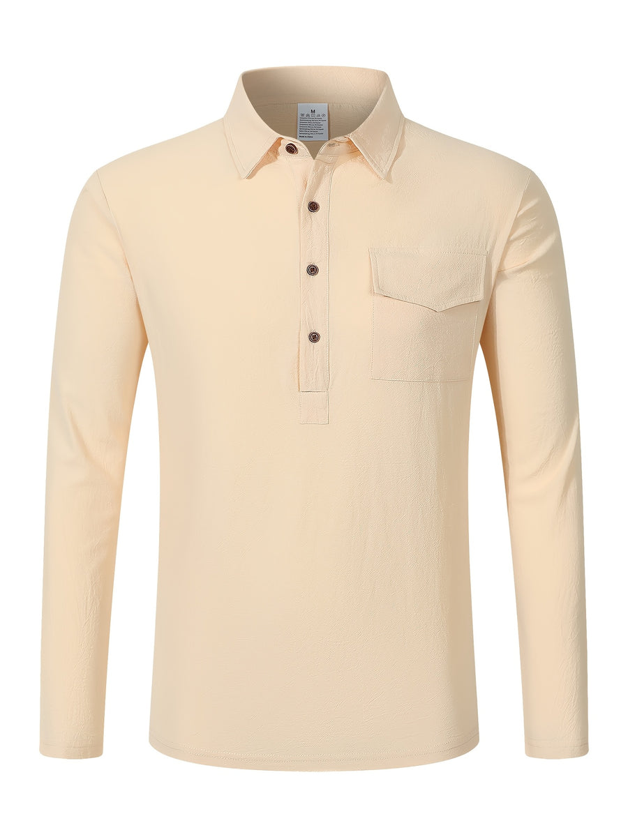 Men'S Pullover Long Sleeve Shirt 2pcs Set, Placket Half-Button Design Linen Shirt, All-Season Casual Commute Vacation Men'S Wear - Apricot + Sky Blue