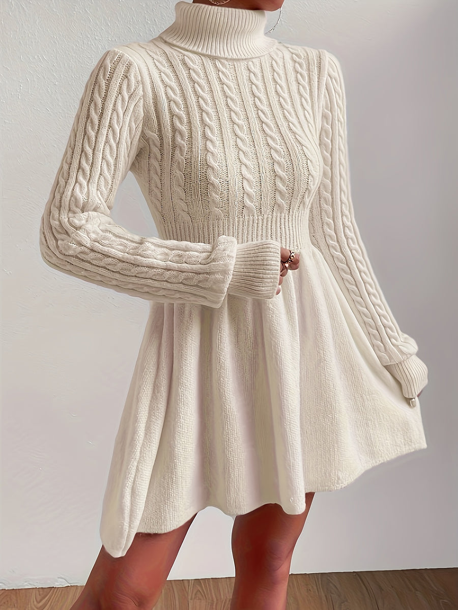 High-Neck Pink Mini Sweater Dress A-Line Dress Christmas Sweater Dress for Women - Apricot