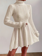 High-Neck Pink Mini Sweater Dress A-Line Dress Christmas Sweater Dress for Women - Apricot