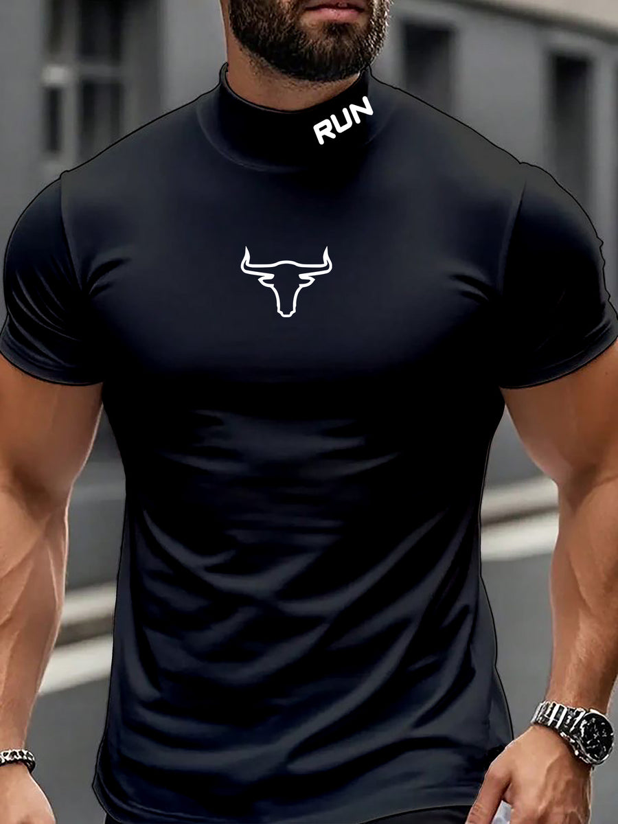 Fashionable and trendy Instagram-style minimalist creative solid color Men's short-sleeve turtleneck for sports, fitness, running, training, and casual wear - Black Short High Bull Head