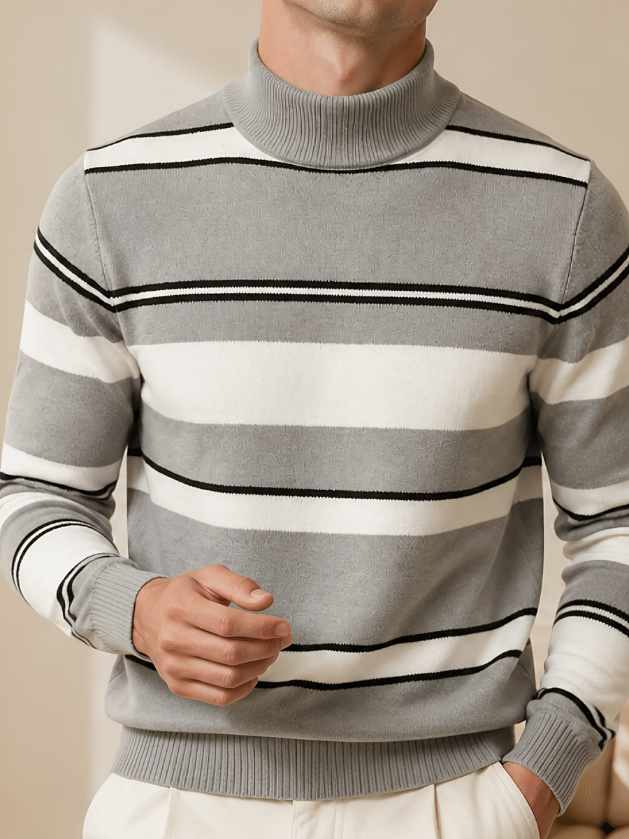 [Whale-Crossing Lan OBM] Spring/Autumn New Men'S Knit Pullover Sweater, Old Money Style Color-Block Long Sleeve High-Neck Knit Pullover for Men, Business Casual Fashion Ribbed Sweater, Suitable for Spring, Autumn, Winter Layering Or Inner Wear - Khaki 1