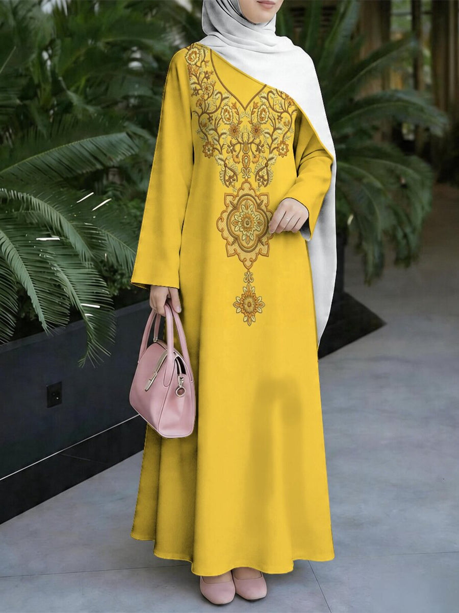 New Middle Eastern Style Muslim Elegant Robe, Bright Turmeric Yellow with Exquisite Ethnic Floral Print on the Chest, Women's Long-Sleeve Maxi Dress, Loose Fit with Flared Hem to Cover Figure, Modest and Graceful, Suitable for Prayer - Mixed colors