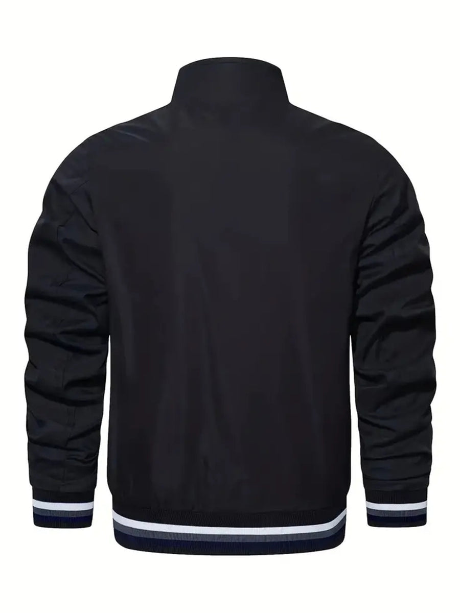 Men'S Versatile Casual Milan Element Stand-Up Collar Baseball Jacket, Contrast Ribbed Design, Windproof And Stiff, Spring Autumn Daily Commute Casual Versatile Top - Black