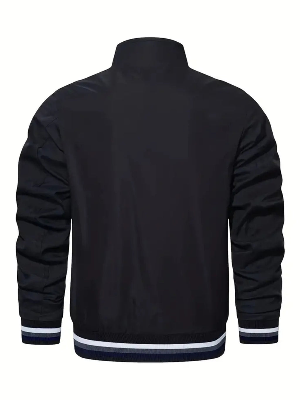 Men'S Versatile Casual Milan Element Stand-Up Collar Baseball Jacket, Contrast Ribbed Design, Windproof And Stiff, Spring Autumn Daily Commute Casual Versatile Top - Black