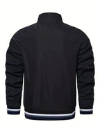 Men'S Versatile Casual Milan Element Stand-Up Collar Baseball Jacket, Contrast Ribbed Design, Windproof And Stiff, Spring Autumn Daily Commute Casual Versatile Top - Black