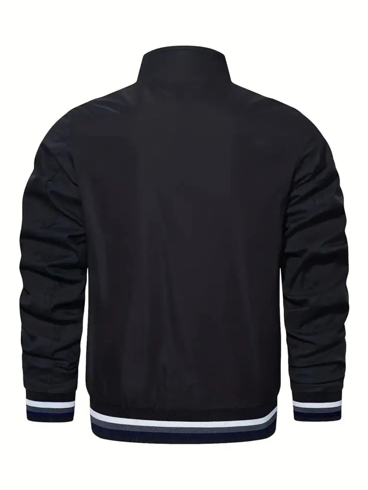 Men'S Versatile Casual Milan Element Stand-Up Collar Baseball Jacket, Contrast Ribbed Design, Windproof And Stiff, Spring Autumn Daily Commute Casual Versatile Top - Black