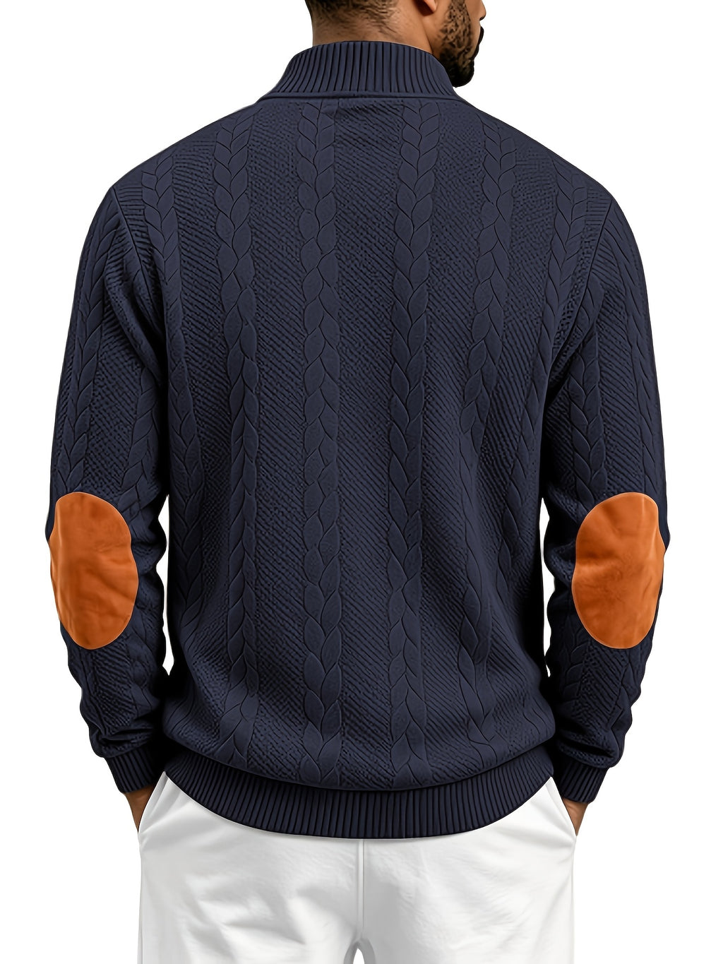 Men'S Casual Long Sleeve Knit Sweater, Textured Cable And Diamond Pattern, Stand Collar with Button Placket, Contrast Elbow Patch Details, Ribbed Cuffs And Hem, Ideal for Fall Winter Work, Travel, Golf And Daily Wear - Navy Color