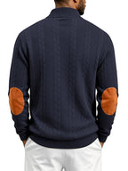 Men'S Casual Long Sleeve Knit Sweater, Textured Cable And Diamond Pattern, Stand Collar with Button Placket, Contrast Elbow Patch Details, Ribbed Cuffs And Hem, Ideal for Fall Winter Work, Travel, Golf And Daily Wear - Navy Color