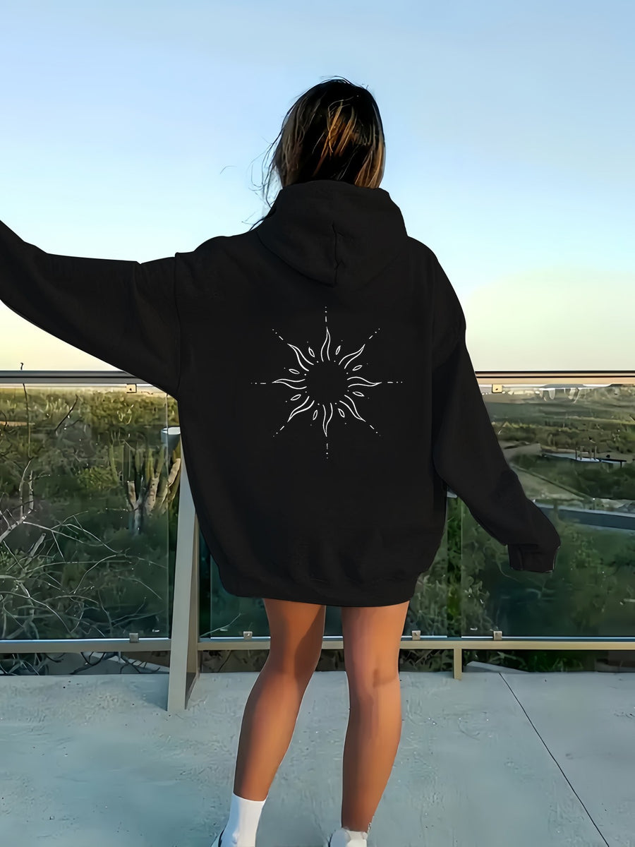 Loose-fit Casual Women's Sun-patterned Hooded Sweatshirt, Daily Outdoor Wear Top with Zipper Hoodie - Comfortable Winter Pullover, Machine-washable Casual Sweatshirt, Autumn/winter Style Hooded Zip-up Pullover - Black
